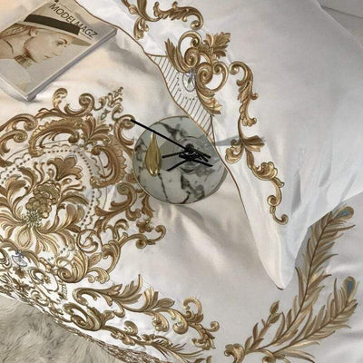 wickedafstore Luxury White 60S Satin Cotton Royal Gold Embroidery 4/5Pcs Bedding Set Soft Silky Duvet Cover Bed Linen Fitted Sheet Pillowcases