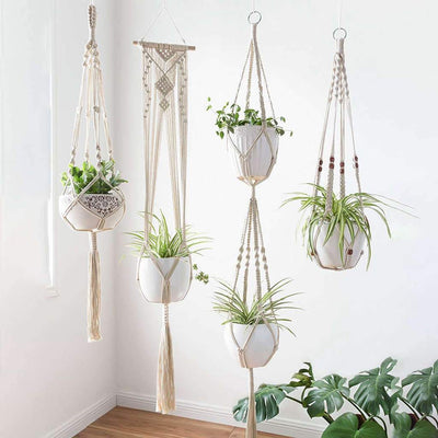 wickedafstore Macrame Plant Hangers - 4 Pack, In Different Designs - Handmade Indoor Wall Hanging Planter Plant Holder - Modern Boh