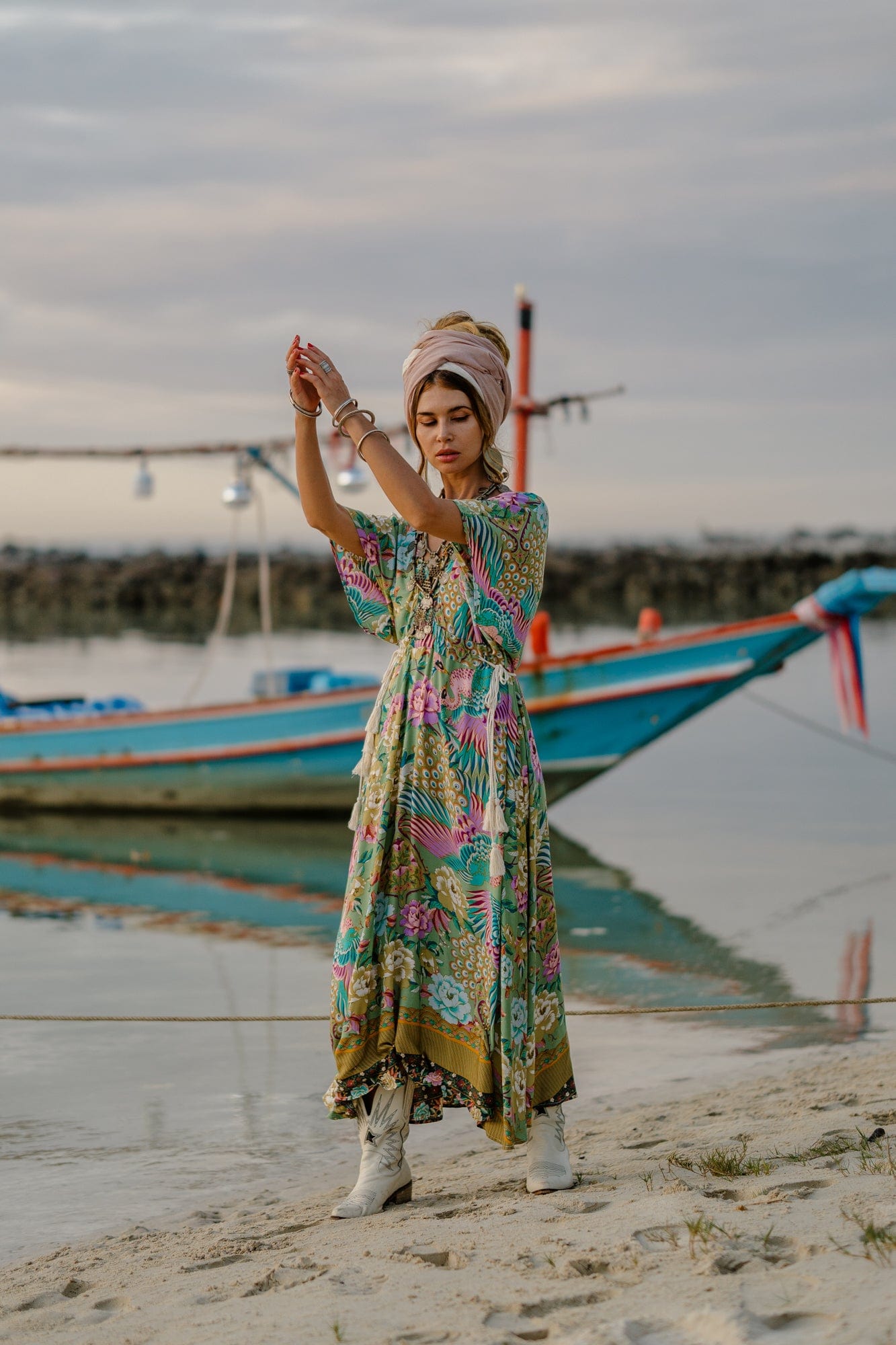 peacock design maxi dress Natori Peacock Cotton Voile Beaded Maxi Dress