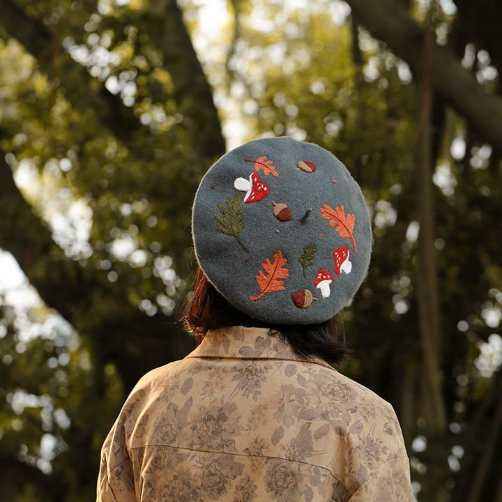 2024 Mushroom Forest Embroidered Beret - Olive