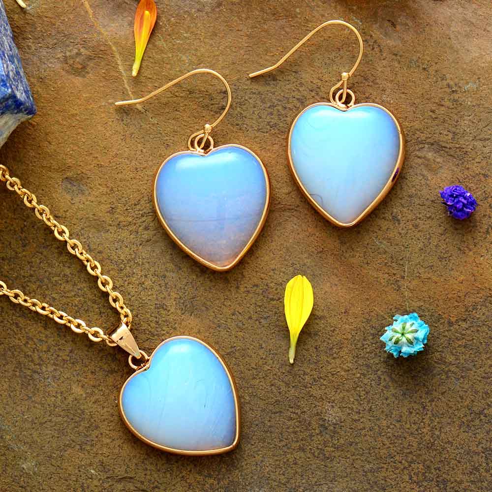 wickedafstore Natural Opal Heart Jewelry Set