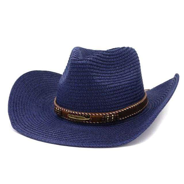 wickedafstore Navy Blue Cowgirl Straw Wide Brim Hat
