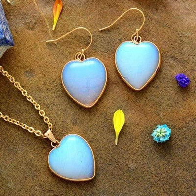 wickedafstore Necklace Earring Natural Opal Heart Jewelry Set
