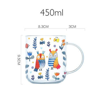 wickedafstore Owl / 401-500ml 450ml Cartoons Glass Mug Creative Cute Girl Breakfast Milk Coffee Cup Household Couple Water Mugs Teacup Heat Resistance