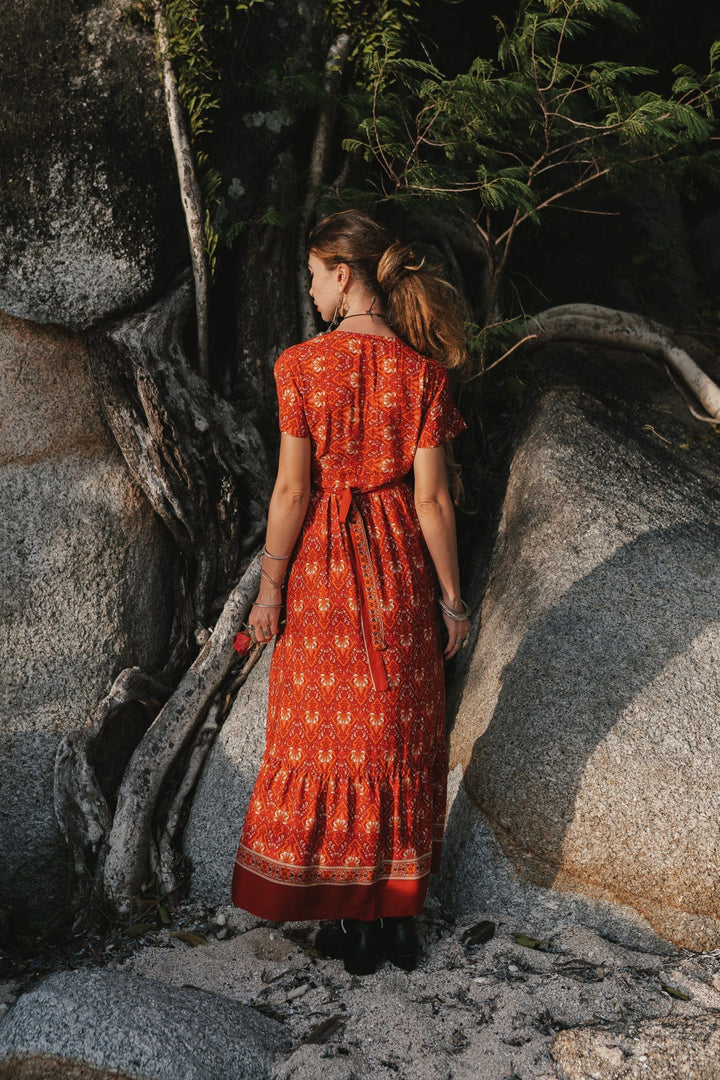 open lace back dress Pandora Red Vintage Floral Wrap Maxi Dress