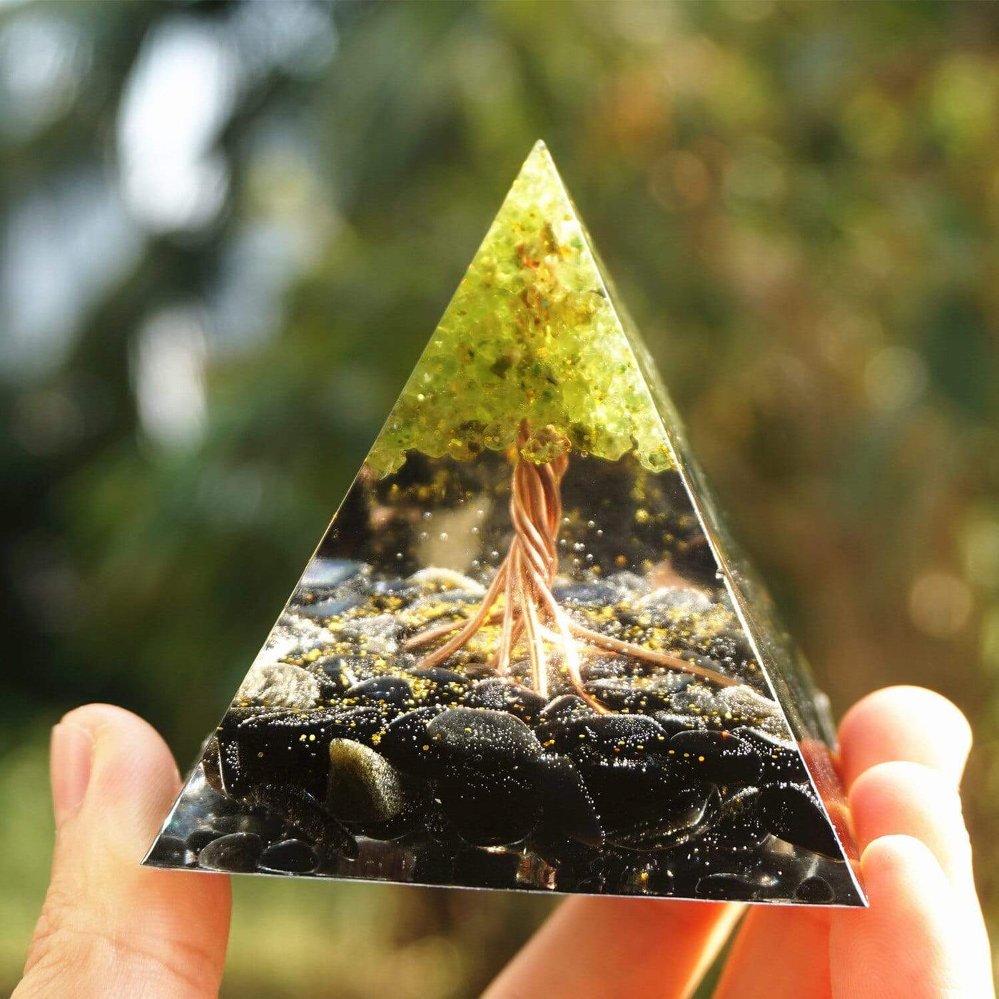 wickedafstore Peridot & Obsidian Tree of Life Orgone Pyramid