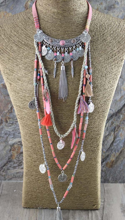 wickedafstore Pink Earthly Gypsy Statement Long Necklace