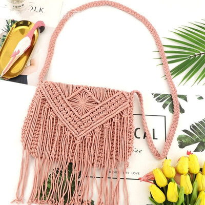 wickedafstore Pink Handmade Crochet Bag with Tassels