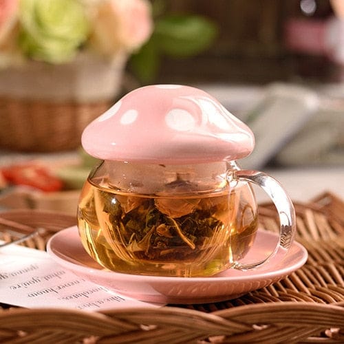 wickedafstore Pink Mushroom Glass Mug with Cover & Saucer Set