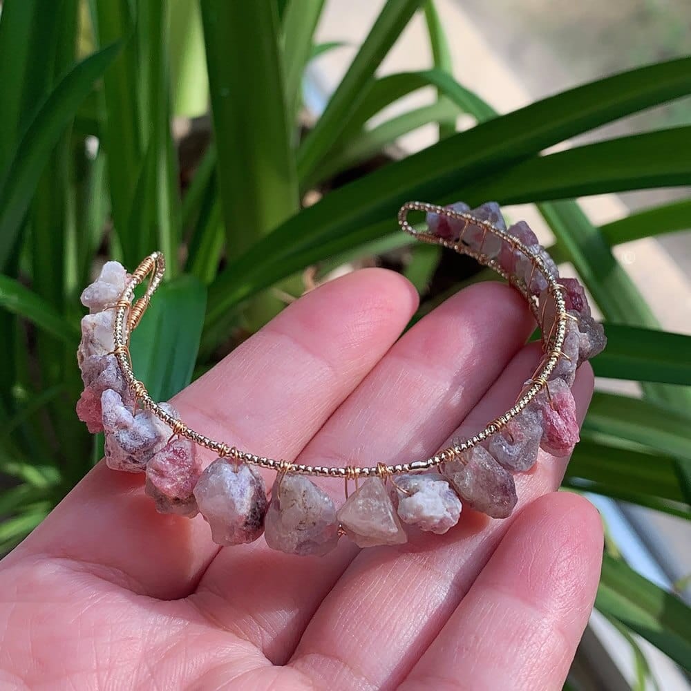 wickedafstore Pink Tourmaline Healing Crystals Cuff Bangle