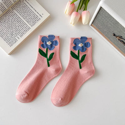 wickedafstore Pink With Blue Daisy Everleigh Warm Socks