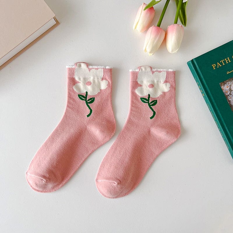 wickedafstore Pink With White Daisy Everleigh Warm Socks