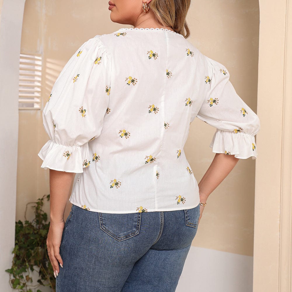 wickedafstore Plus Size Reagan Floral Embroidered Shirt
