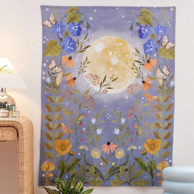 wickedafstore Psychedelic Moon Tapestry Wall Hanging Celestial Floral Wall Tapestry Hippie Flower Wall Carpets Dorm Decor Starry Sky Carpet