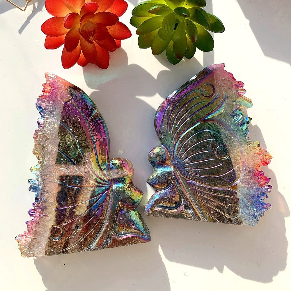 wickedafstore Rainbow Aura Quartz Butterfly Carving