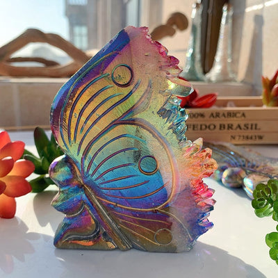 wickedafstore Rainbow Aura Quartz Butterfly Carving
