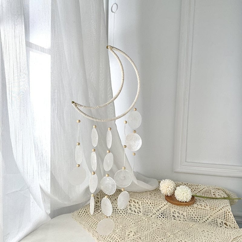 wickedafstore Rattan Moon Wind Chime With Natural Capiz Shells