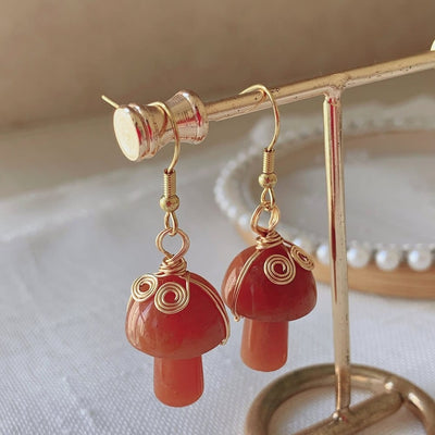 wickedafstore Red Aventurine Natural Crystal Mushroom Earrings