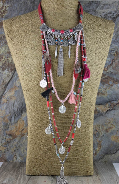 wickedafstore Red Earthly Gypsy Statement Long Necklace