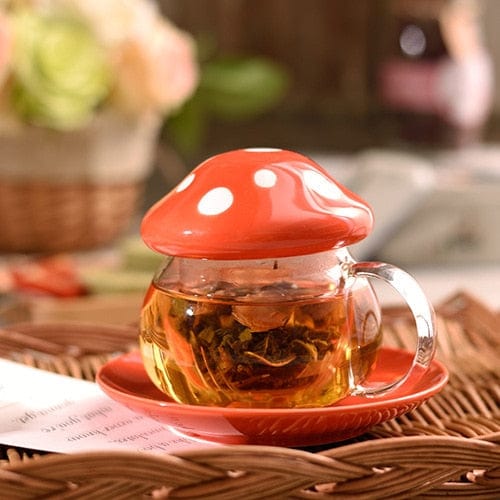 wickedafstore Red Mushroom Glass Mug with Cover & Saucer Set