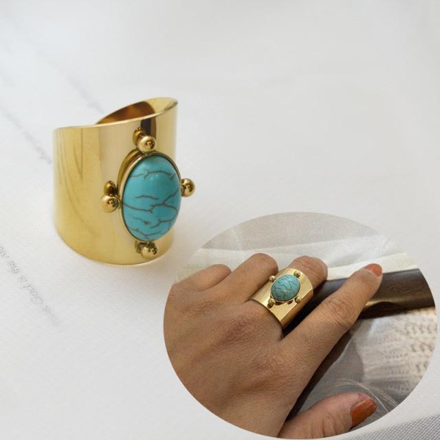 wickedafstore Resizable / Color 3 Natural Stone Wide Gold Ring