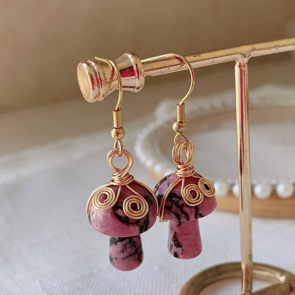 wickedafstore Rhodonite Natural Crystal Mushroom Earrings
