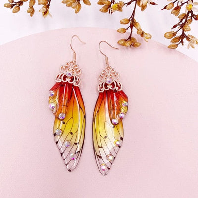 wickedafstore RoseGold-Orange Fairy Rainbow Gradient Resin Butterfly Wing Drop Earrings for Women Rhinestone Glitter Simulation Insect Dangle Earrings Jewelry
