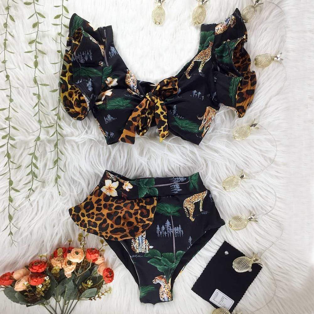 wickedafstore Ruffle Bikini Set in Animal Print