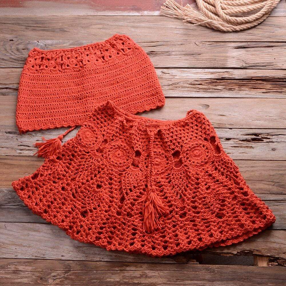 wickedafstore Rusty Red / L Crochet Bikini Top Skirt Set