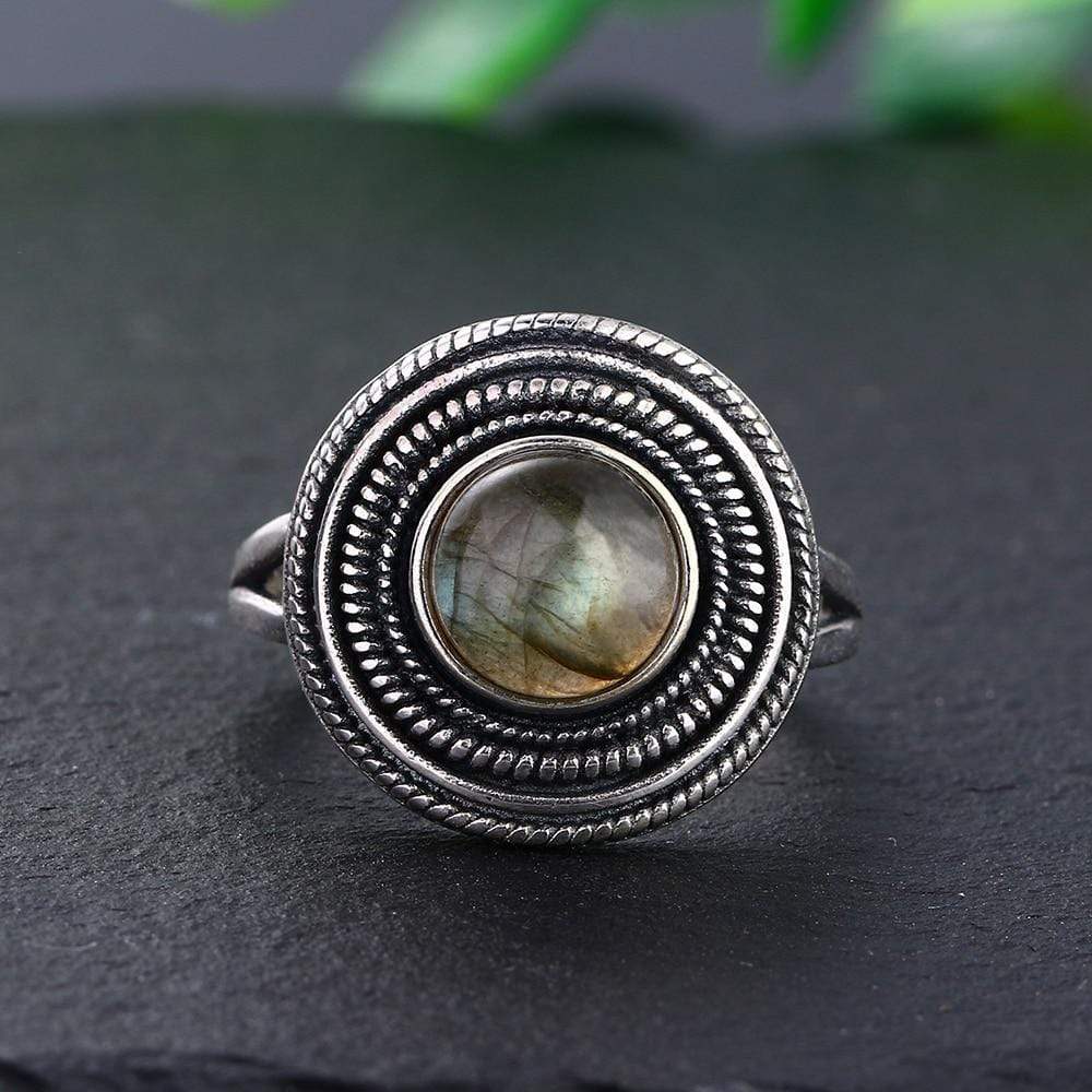 wickedafstore S925 Sterling Silver Natural Stone Round Ring
