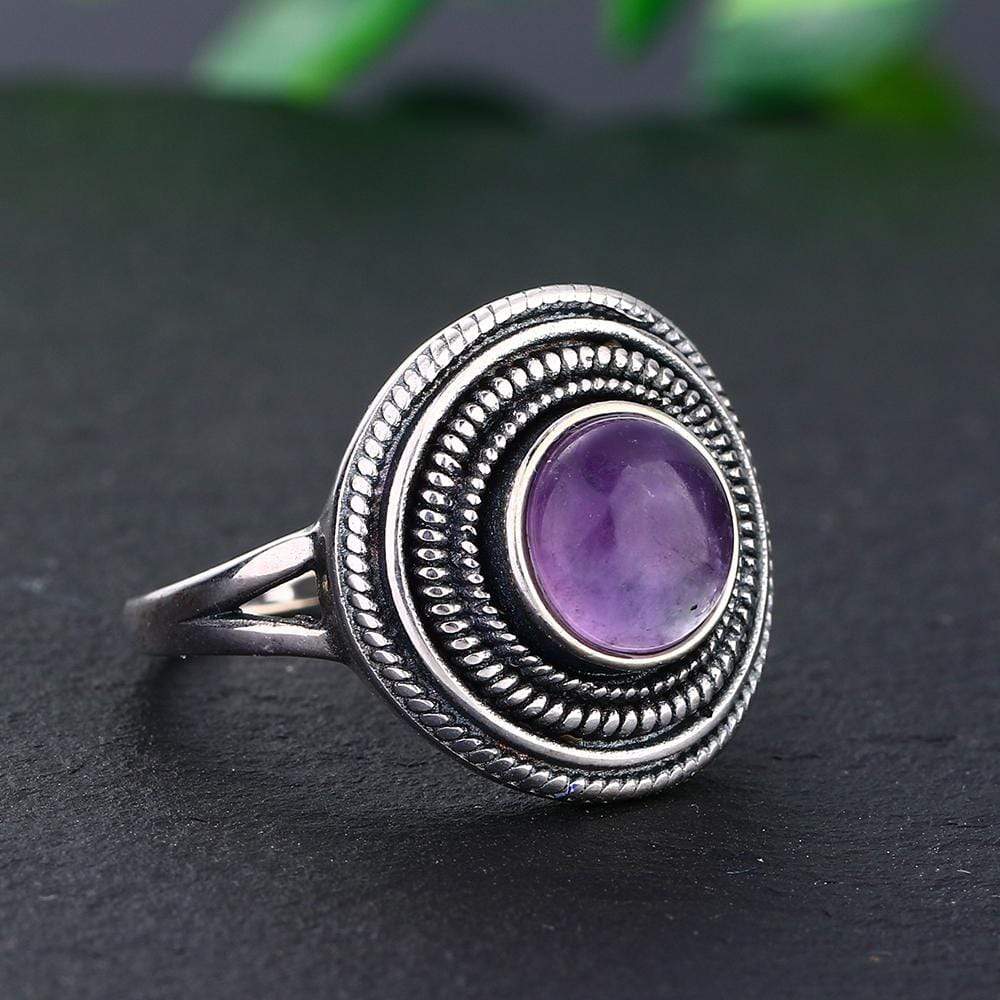 wickedafstore S925 Sterling Silver Natural Stone Round Ring
