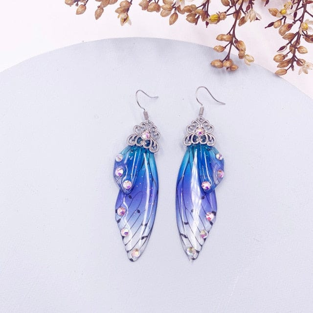 wickedafstore Silver-Blue Fairy Wings Earrings Colorful Edition