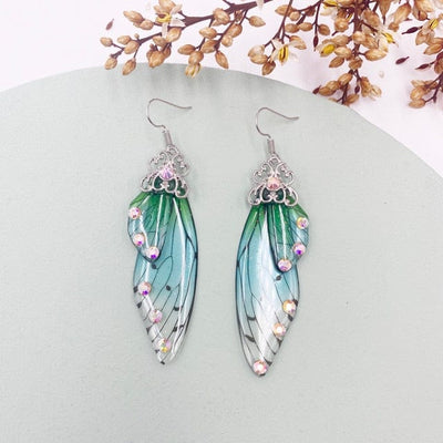 wickedafstore Silver-Green Fairy Wings Earrings Colorful Edition