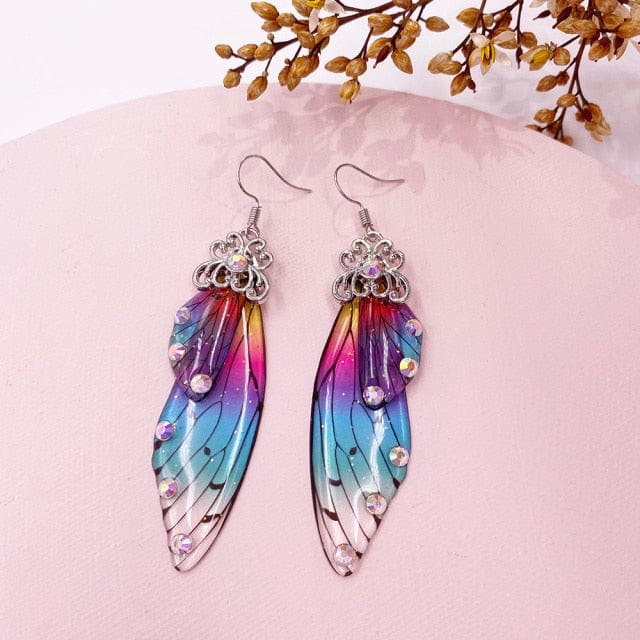 wickedafstore Silver-Rainbow Fairy Wings Earrings Colorful Edition