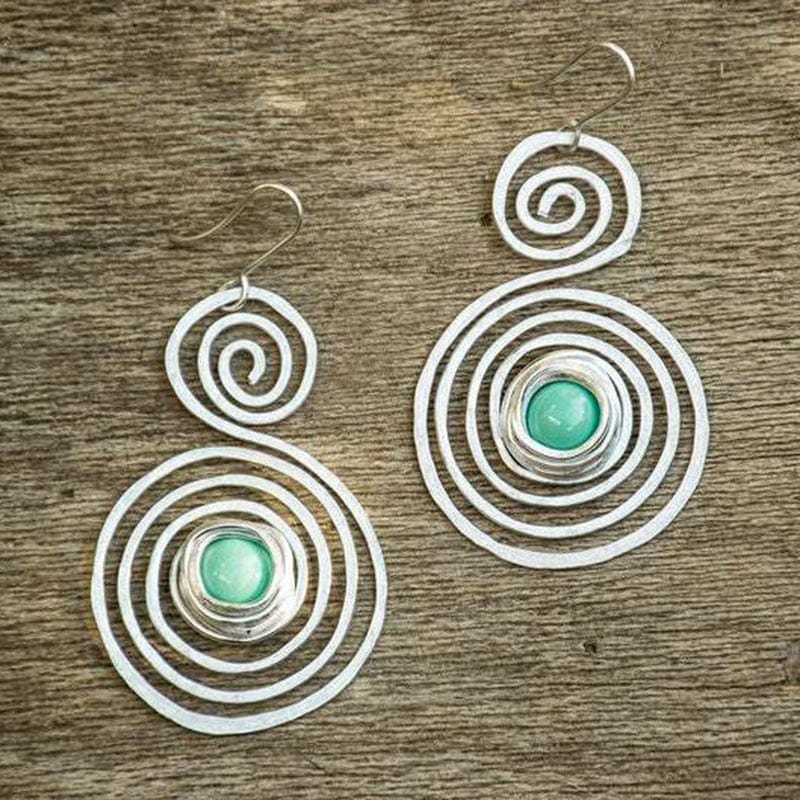 wickedafstore Silver Tribal Spiral Turquoises Drop Earrings