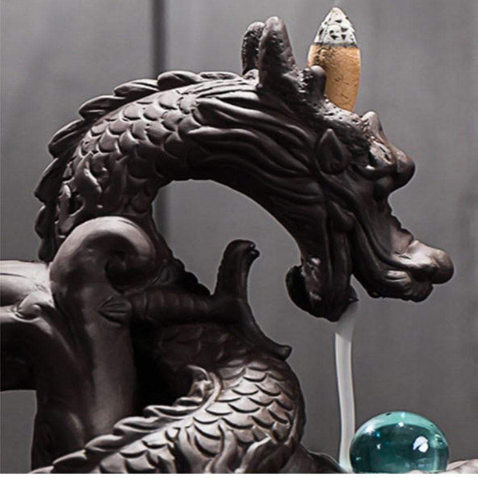wickedafstore zen Ceramic Backflow Incense Burner Creative Home Decor Dragon Incense Holder Censer With Crystal Ball + 20pcs Incense Cones