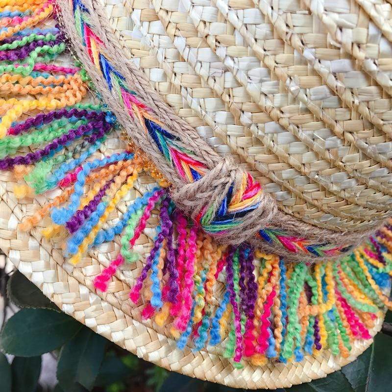 wickedafstore Straw Hat With Rainbow Colored Tassels
