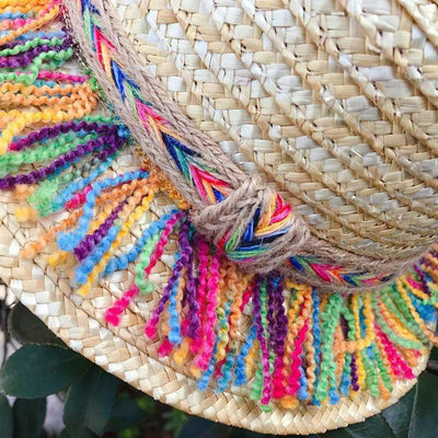 wickedafstore Straw Hat With Rainbow Colored Tassels