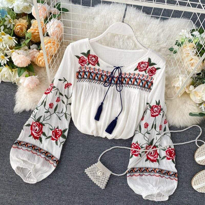 wickedafstore 2021 Spring Indie Folk Women Blouse Fashion Embroidery Flowers Lace-up Shirt Ladies Casual Loose Pullover Leisure Shirt Summer