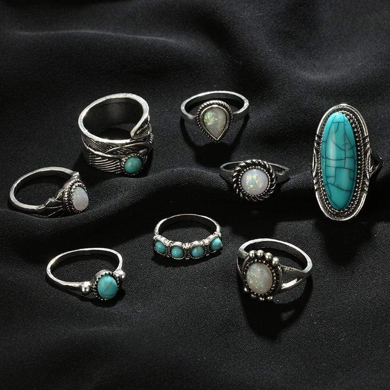 wickedafstore Turquoise Stone & Moonstone Ring Set