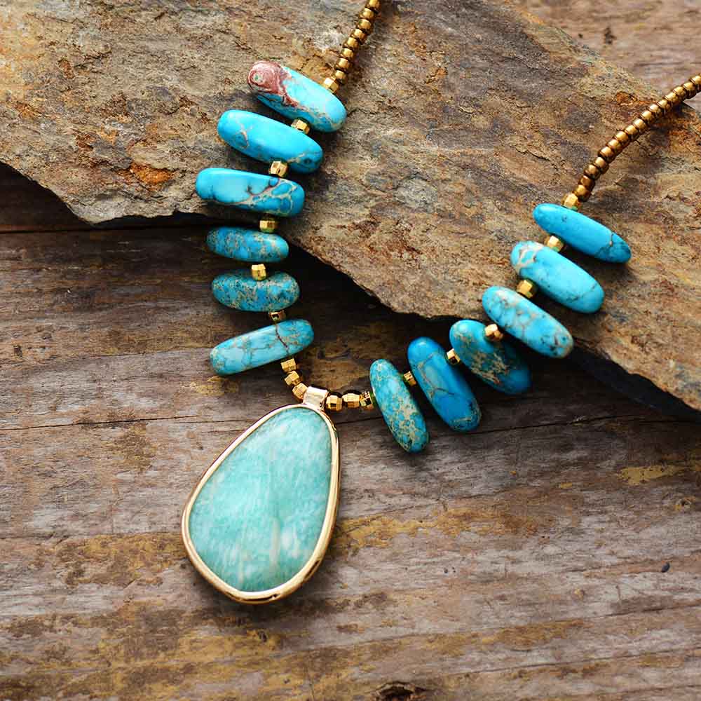 wickedafstore Unique Natural Stones Amazonite Pendant Necklace Women Exquisite Jaspers Charm Beaded Choker Necklace OL Jewelry Gifts Wholesale