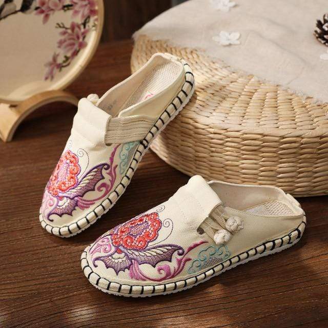 wickedafstore White / 5 Veowalk Flower Embroidered Women Canvas Espadrilles Flat Slippers Bohemian Retro Ladies Comfortable Close Toe Summer Shoes