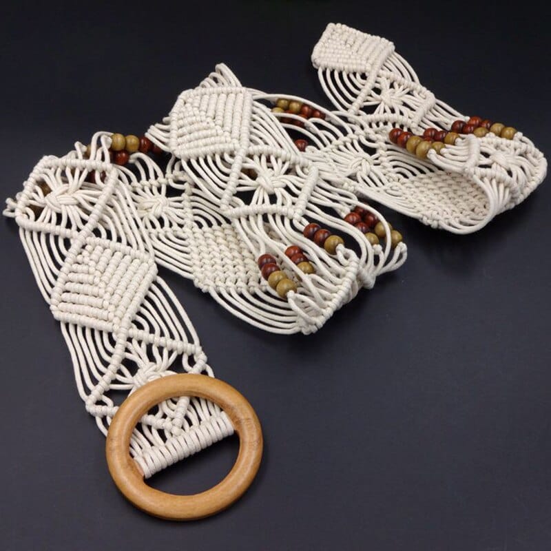 Women\'s Boho Macrame Woven Beige Belt with Wooden Buckle Onesize mdgfge Belts Boho Woven Rattan Straw Rope Braid Waist Belt  main image 4
