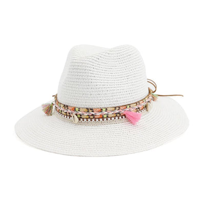 wickedafstore White Braid Shells And Tassels Sun Panama Hat