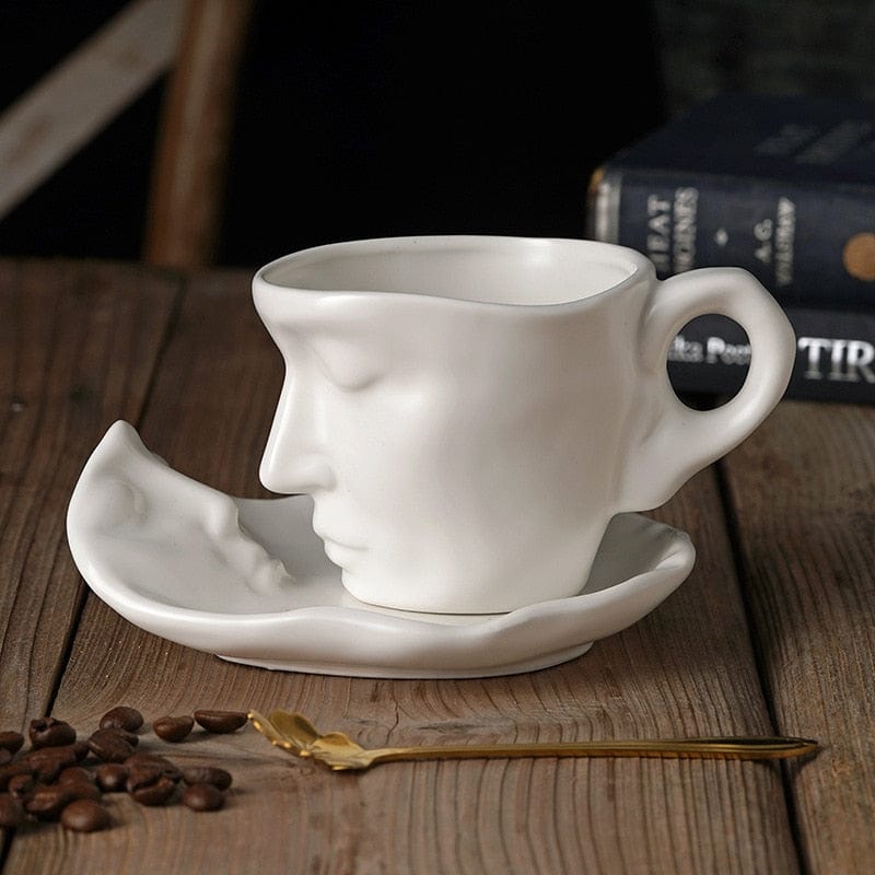 wickedafstore White Face Reflection Coffee Cup and Saucer