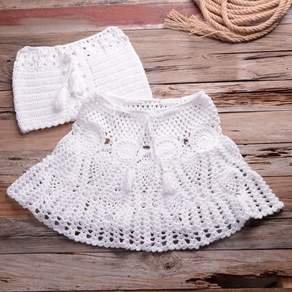 wickedafstore White / L Crochet Bikini Top Skirt Set
