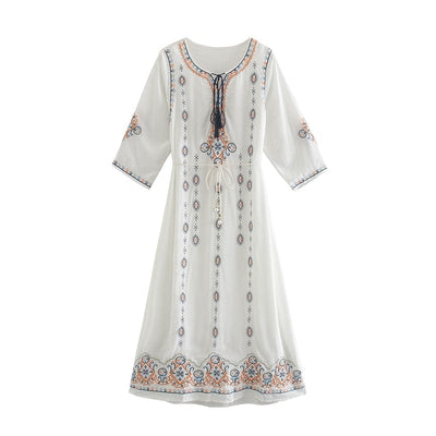wickedafstore White / ONE SIZE Ignatia Boho Embroidery Midi Dress