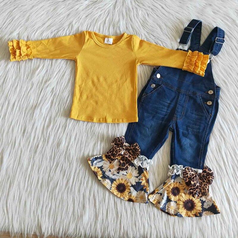 wickedafstore Wholesale Baby Girls Boutique Clothing Fashionable Kids Fall Yellow Top Bell Bottom Pants Suspender Overalls Children Outfit