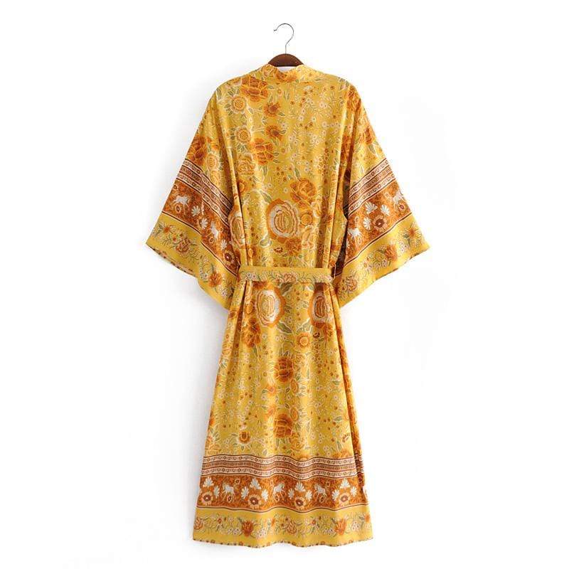 wickedafstore Yellow Floral Print  kimono Vintage 2020 Women bohemian V Neck batwing Sleeves  Boho Maxi dress robe