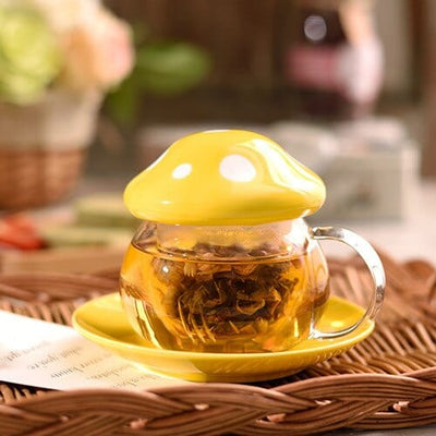 wickedafstore Yellow Mushroom Glass Mug with Cover & Saucer Set